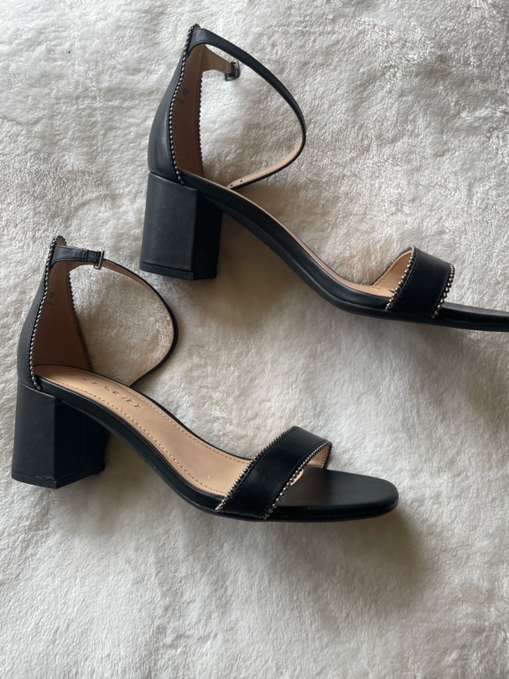 Coach Black Ankle-Strap Block Heel Sandals with Beaded Trim - Picture 2 of 5